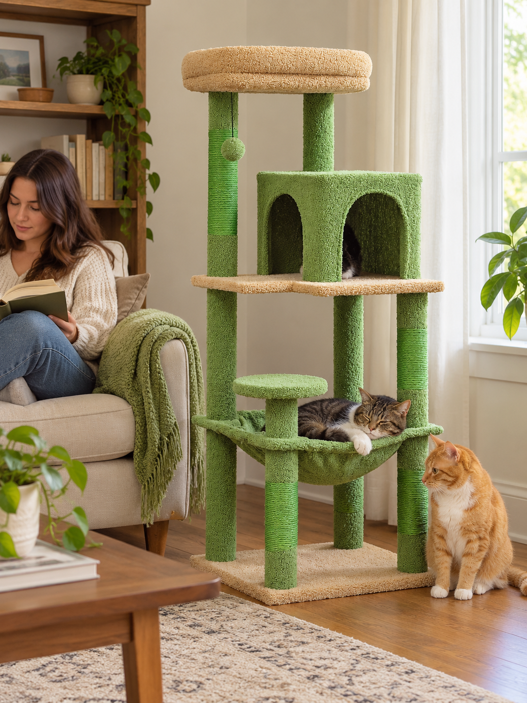 5-Level Cat Tower with Hammock in an everyday home setting