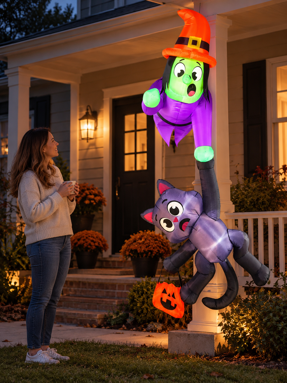 8 ft Witch & Cat Halloween Inflatable in an everyday home setting